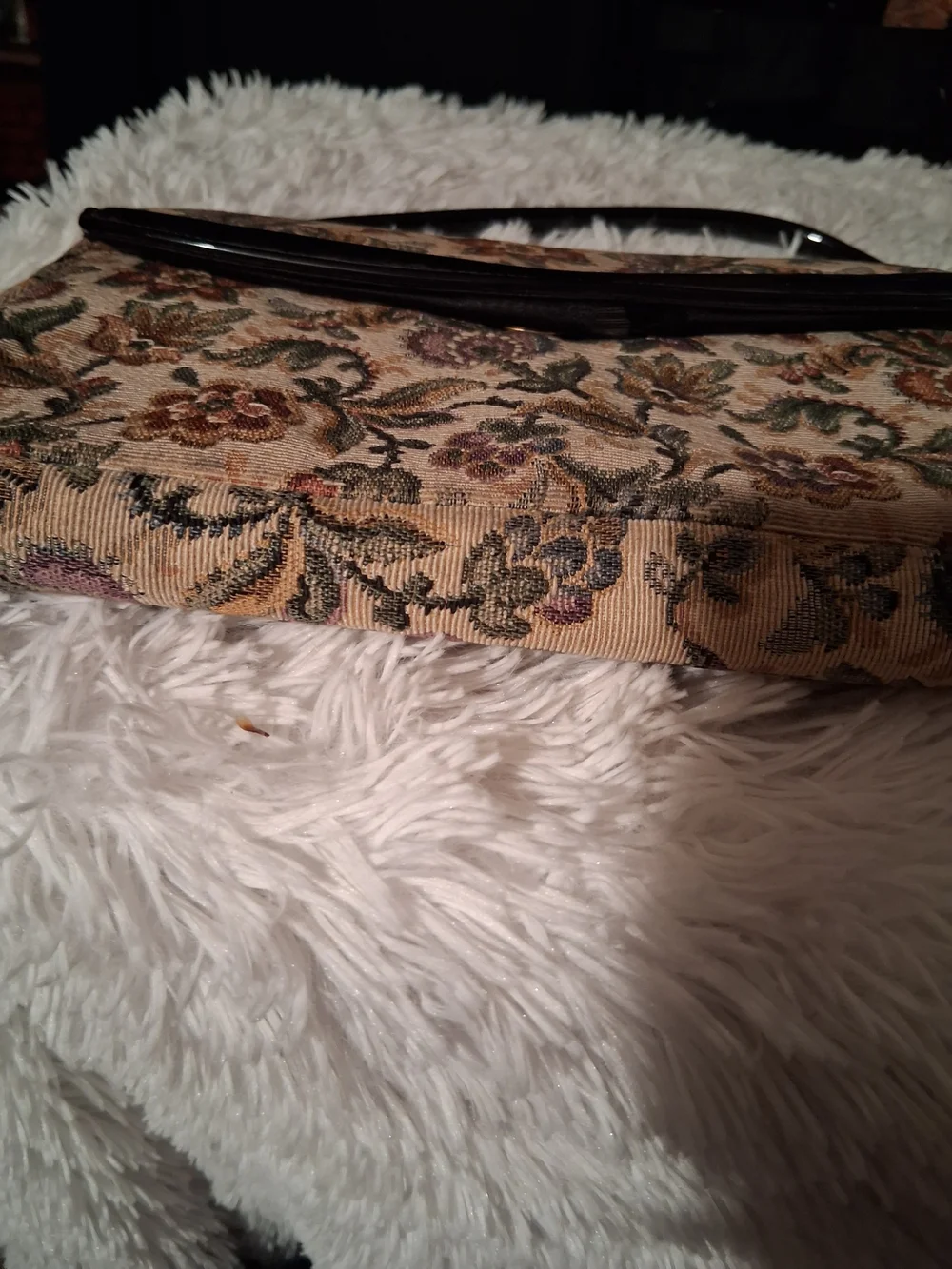Vintage Floral Tapestry Clutch with Black Patent Handle